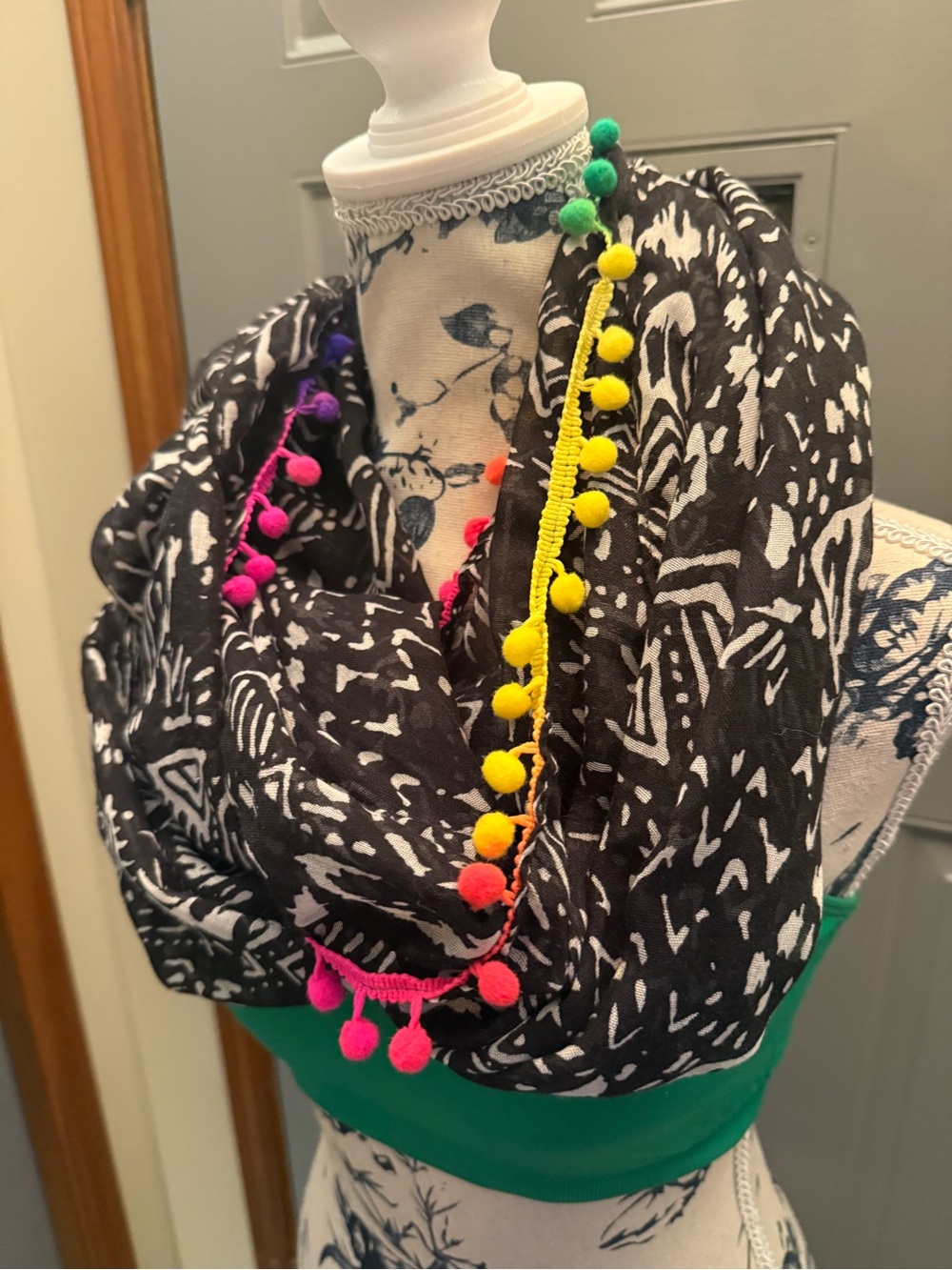 Black Geometric Patterned Infinity Scarf/Sarong with Neon Pom Trim(22x68”)